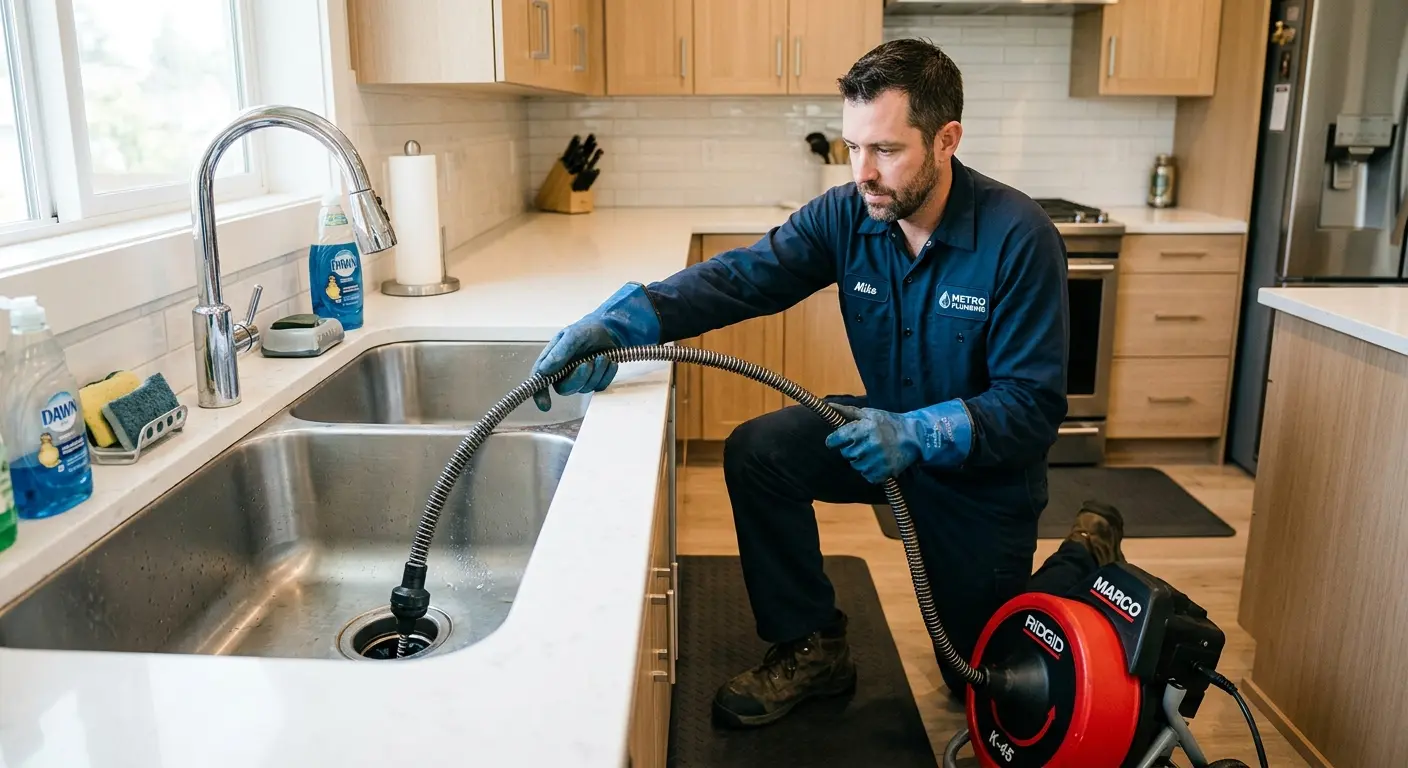Drain cleaning technician using a motorized snake on a kitchen sink in Milton