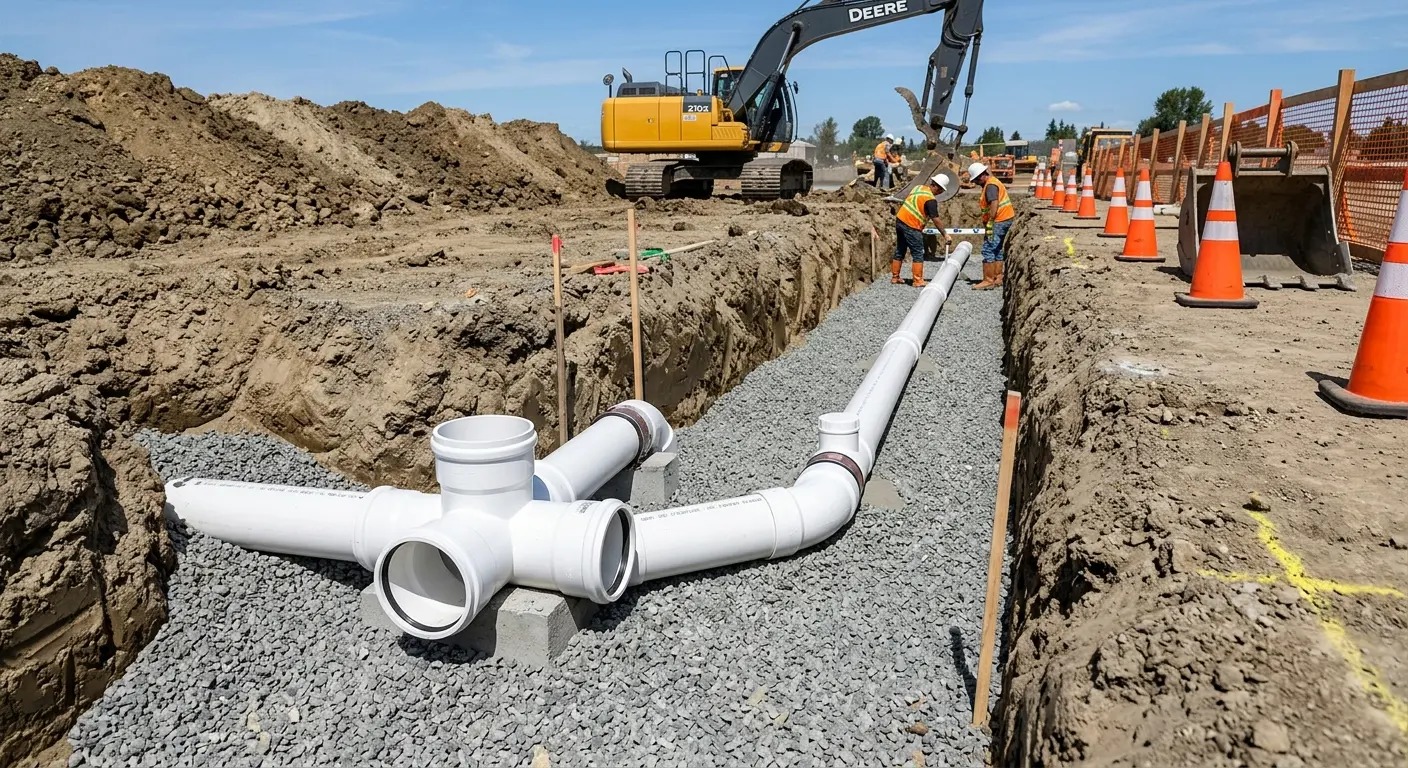New PVC sewer pipe installation in open trench for Commercial Drain Cleaning in Milton