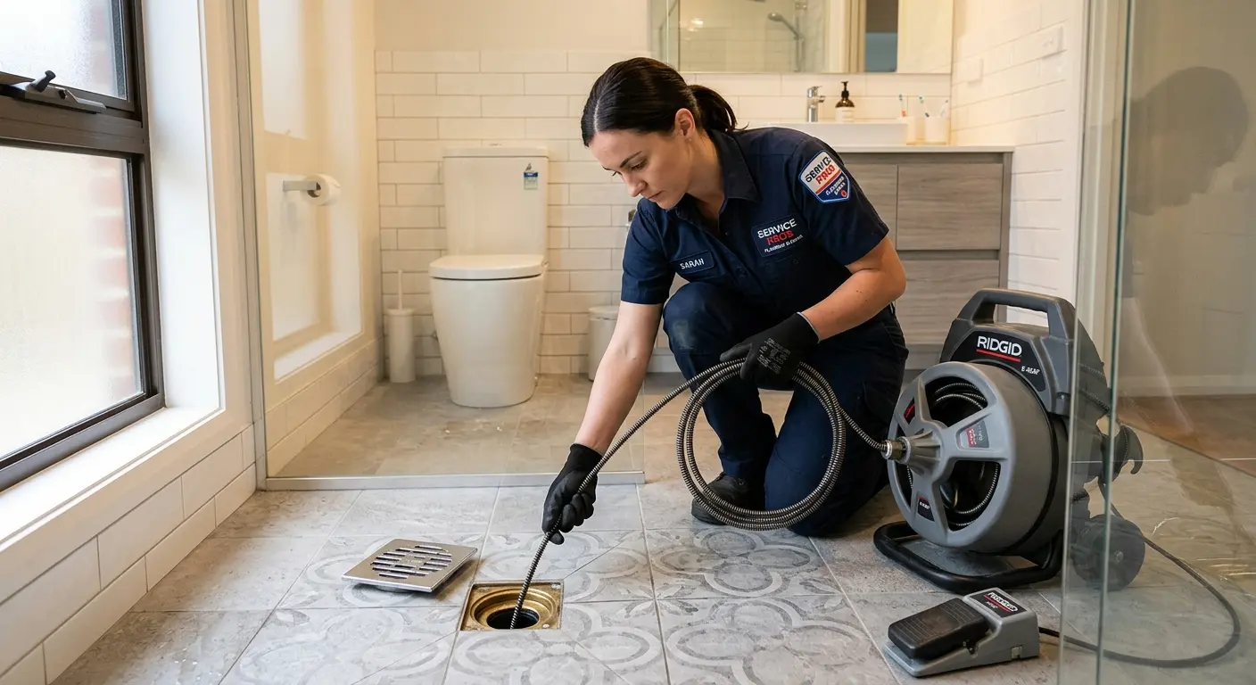 Technician clearing a bathroom floor drain for Hydro Jetting in Milton